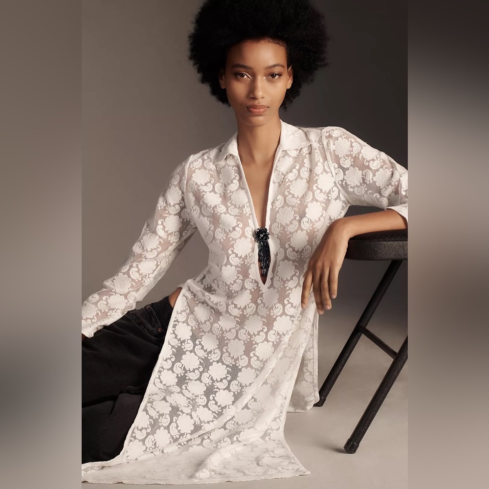 Anthropologie Long-Sleeve Sheer Lace Longline Top Shirt Blouse Size XXS NWT